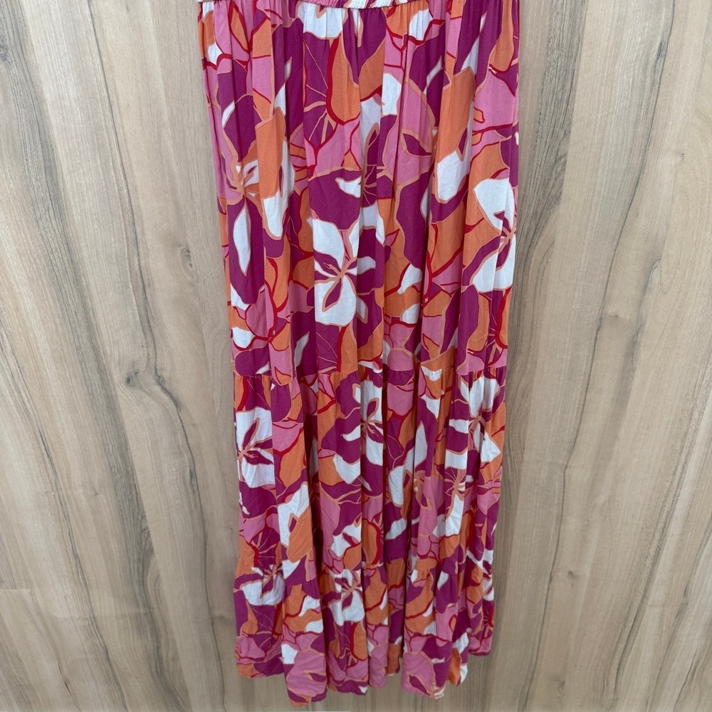 Floral Tiered Maxi Dress Size Large Pink Smocked Tie Shoulder Boho Resort Summer - Picture 4 of 7